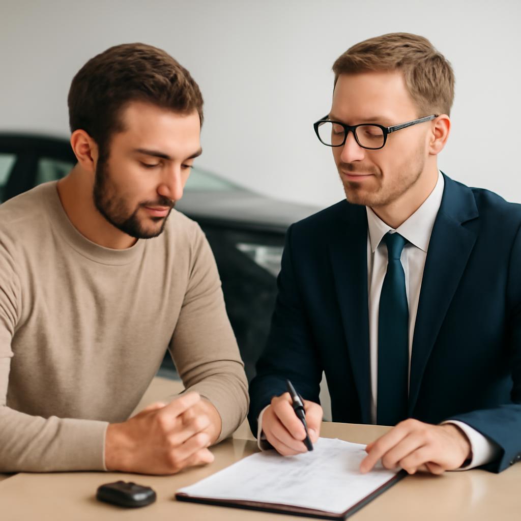 Клиент и менеджер обсуждают условия нового договора аренды автомобиля