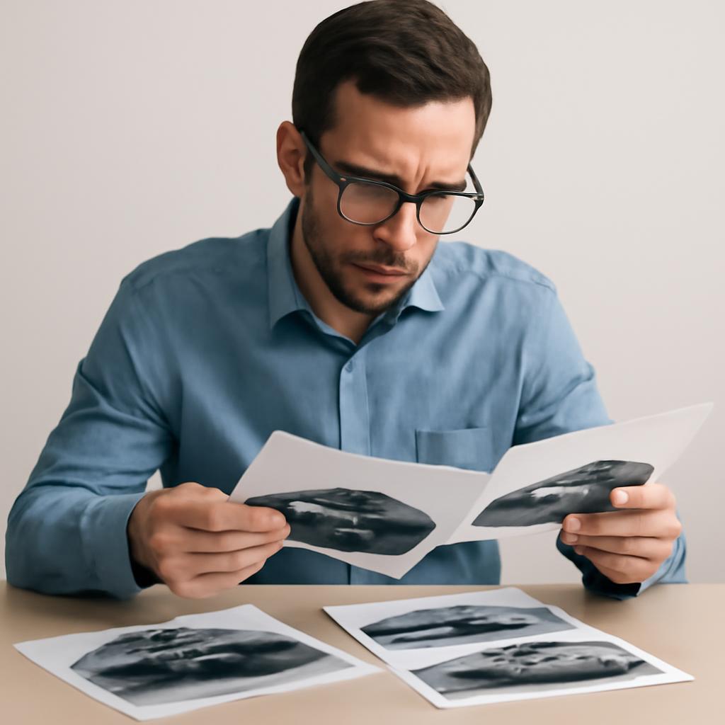 Человек внимательно изучает несколько брошюр с автомобилями, сравнивая предложения