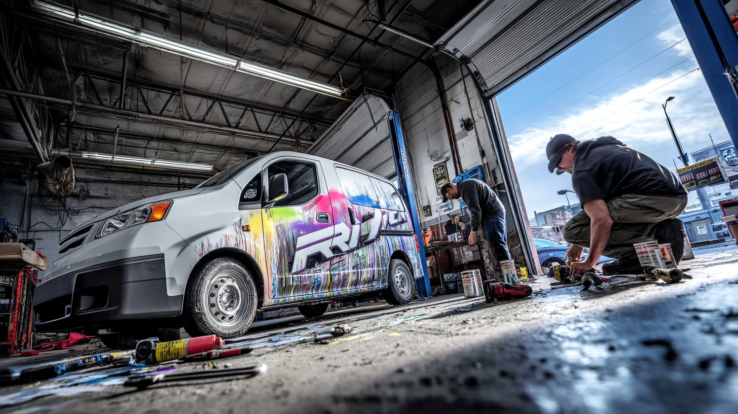 Процесс нанесения рекламы на фургон в мастерской