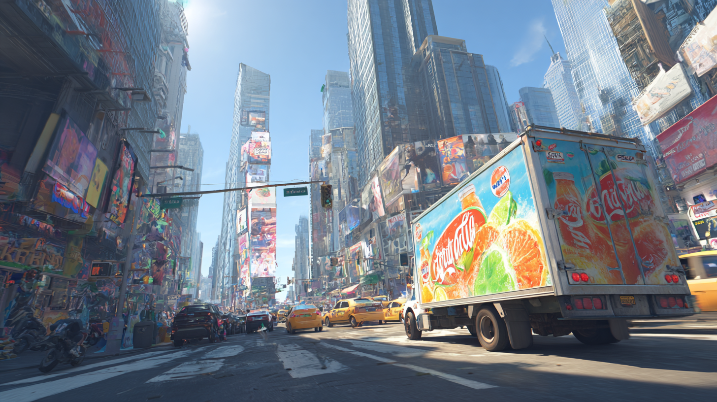 Грузовик с брендированной рекламой на борту в городском трафике