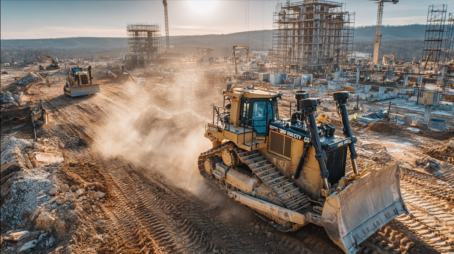 Разные категории бульдозеров на стройплощадке